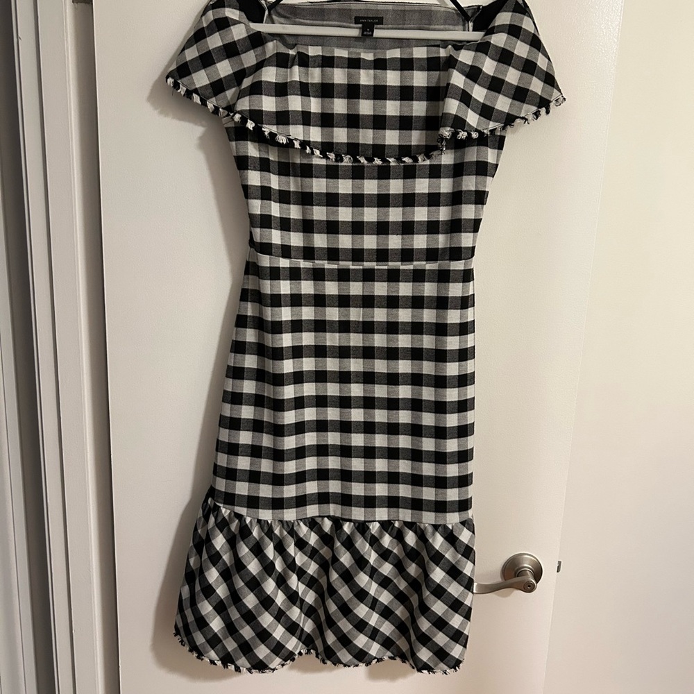 Ann Taylor Black and White Ruffled Off-the-Shoulder Dress